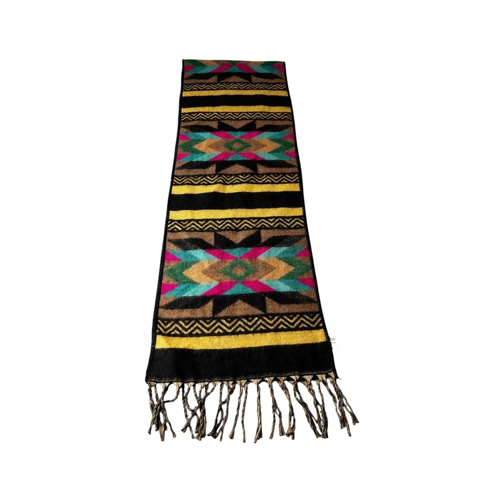 El Paso Saddleblanket Co Southwestern Geometric Fringe Scarf Black Yellow Pink